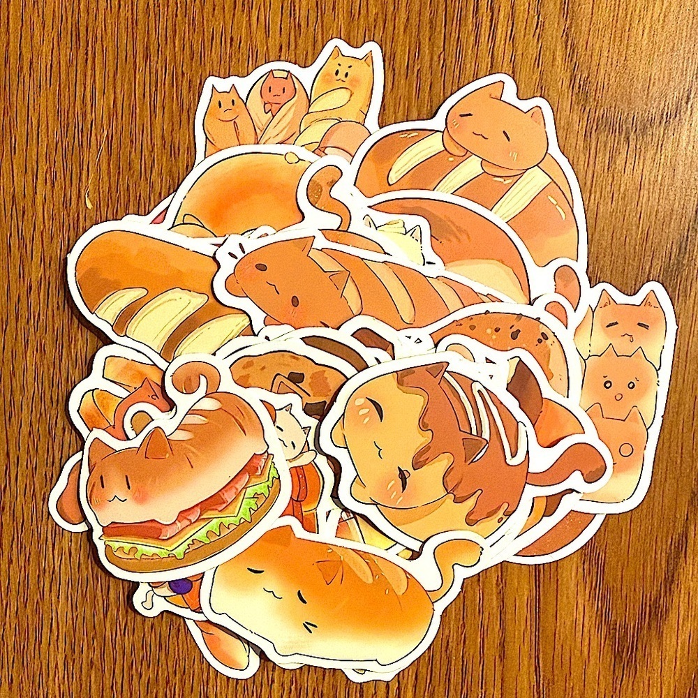 50pcs Adorable Unique Multicolored Cat-Bread Stickers-Perfect for Decorating!